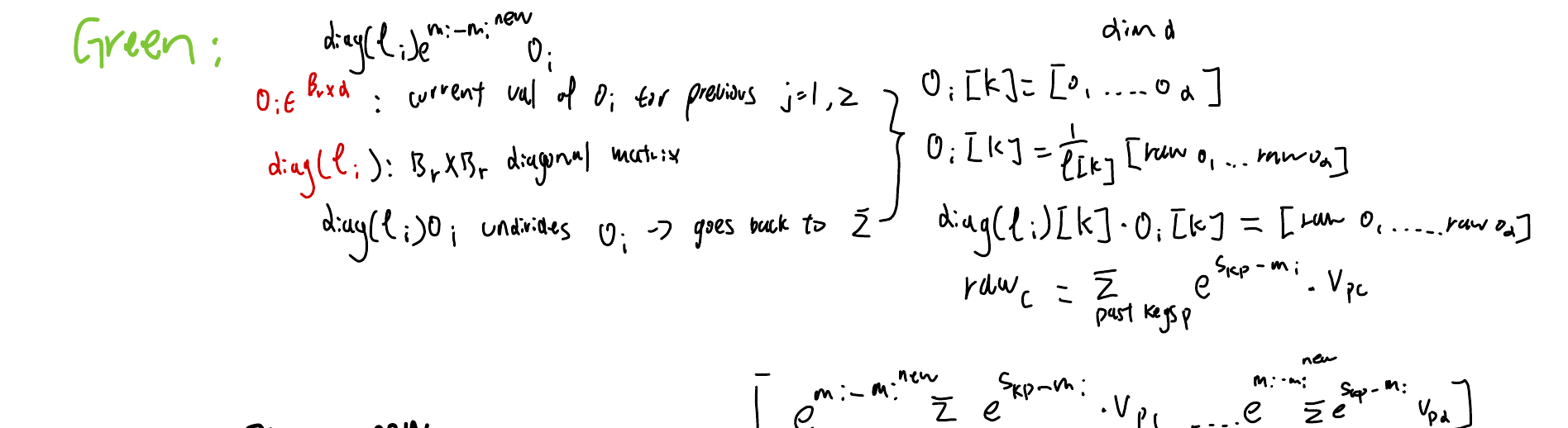 Handwritten breakdown of the green term, showing diag(l_i) undividing O_i