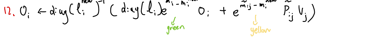 Handwritten line 12, with the green and yellow terms labelled