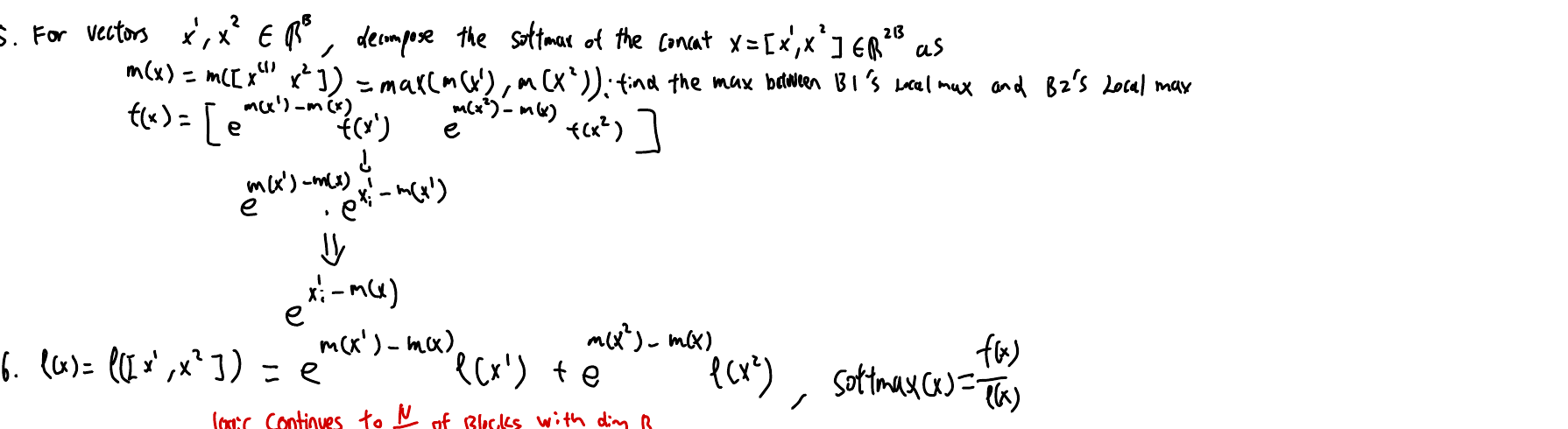 Handwritten derivation of the merged max, merged exponent vector, and merged denominator