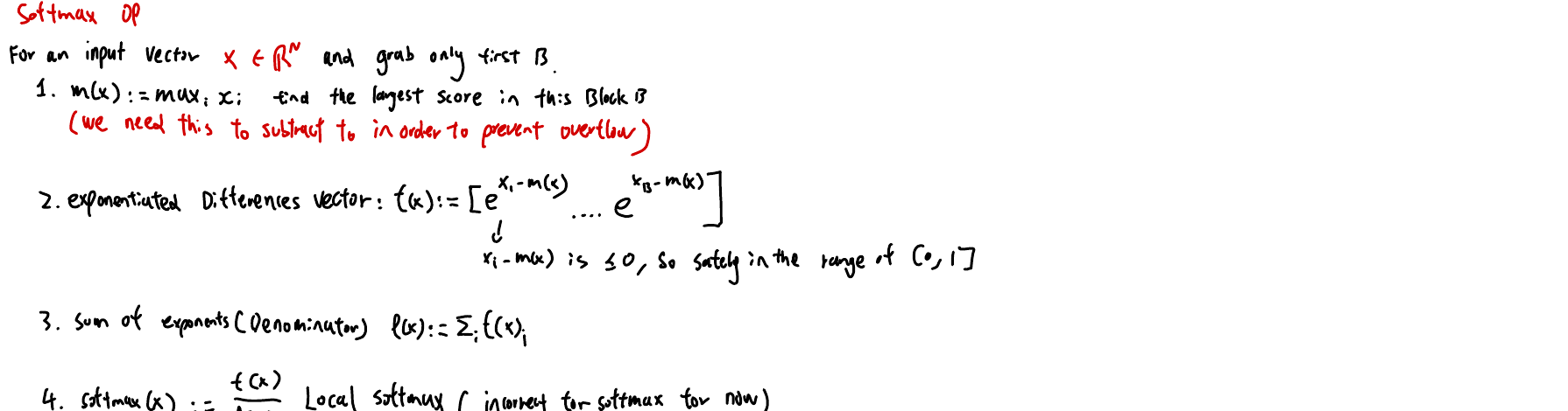 Handwritten definition of the max, the exponentiated difference vector, and the denominator